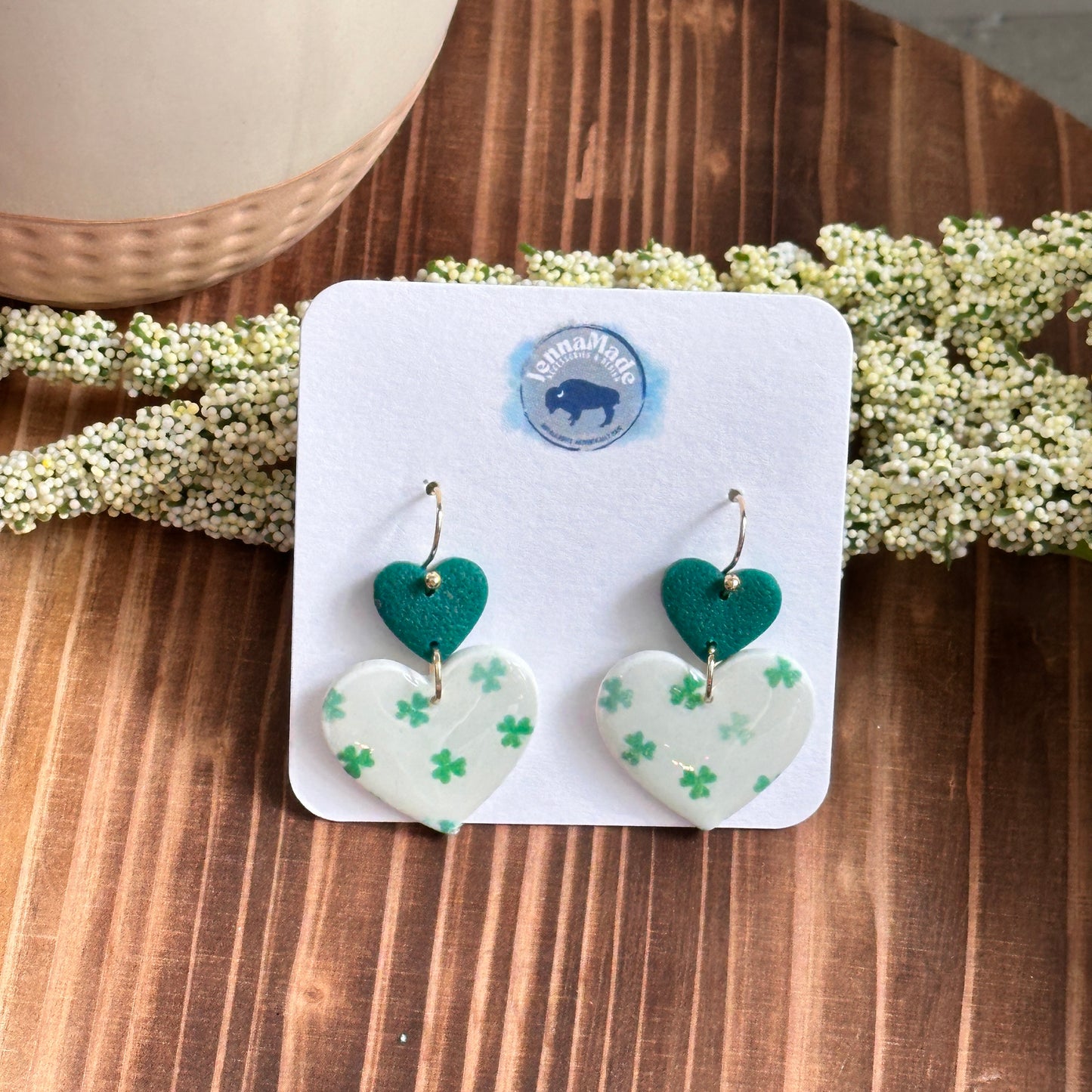 Shamrock Print Heart Earrings